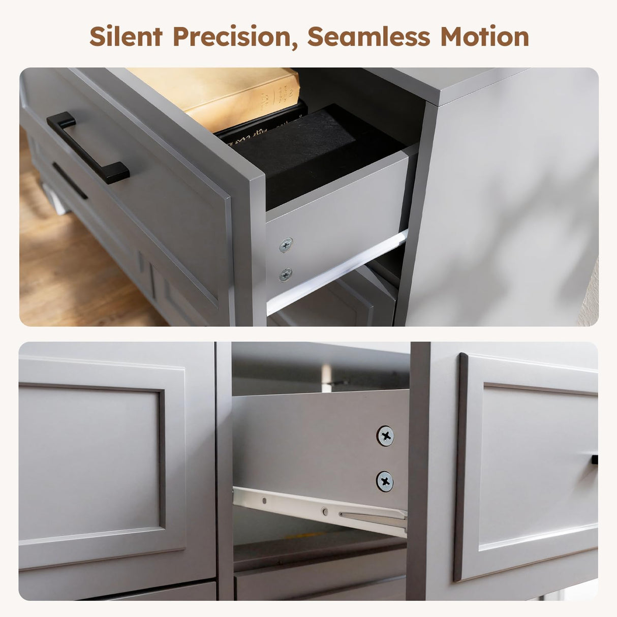 BERRY NEST Farmhouse Dresser for Bedroom, 6 Drawer Dresser with Unique Solid Wood Legs, Modern Wide Chest Dressers for Clothes, Closet, Living Room, Grey BERRY NEST