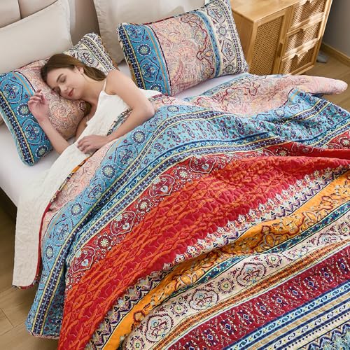 WONGS BEDDING Bohemian Quilt Set Twin Size, Boho Striped Printed Bedding Quilts Coverlet Set with Pillow Shams, Lightweight Microfiber Bedspread Set for All Seasons (2 Pieces, Twin) WONGS BEDDING
