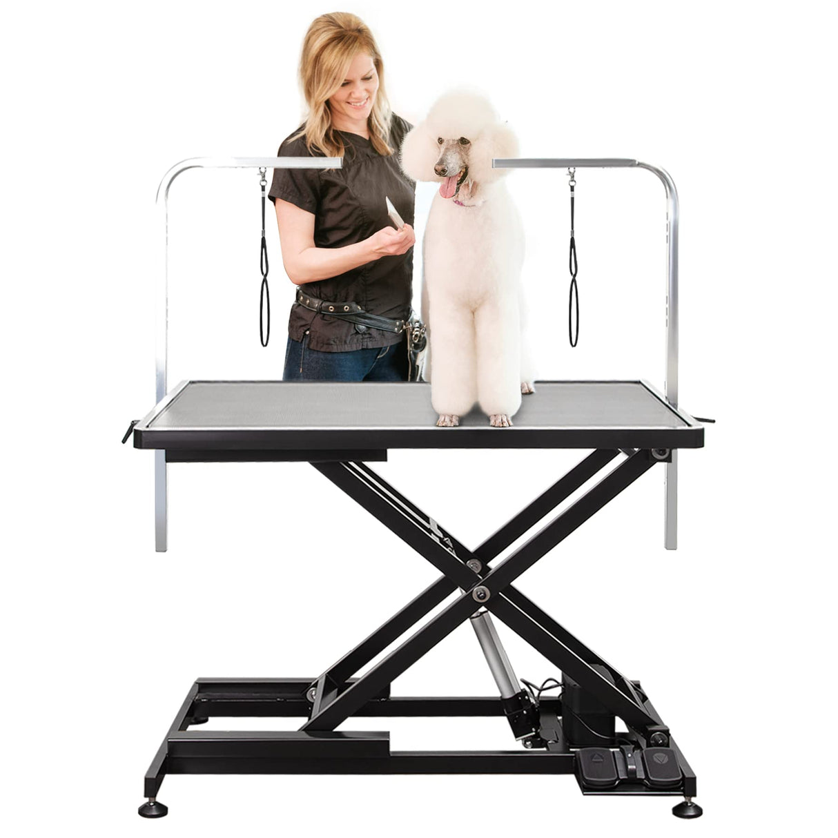 UDSONFY Electric Pet Dog Grooming Table, Heavy Duty Grooming Table Professional X-Lift for Large Dogs with Anti-Skid Non-Slip, Double Arms and Nooses, Adjustable Height from 10" up to 43", Black UDSONFY