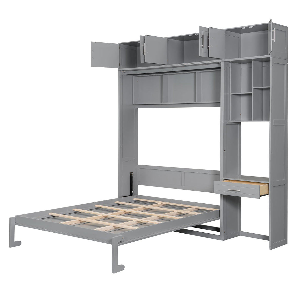 Queen Size Wall Murphy Bed with Desk, Top Cabinet and Storage Shelves, Space Saving Foldable Bed,Gray Harper & Bright Designs