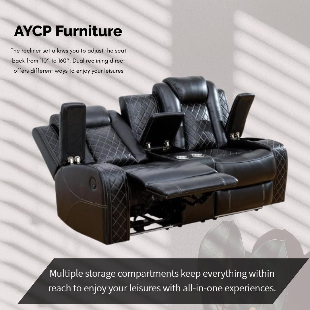 AYCP Furniture Power Recliner Set with LED Lights, Air Leather Reclining Set with USB Port/Wireless Charger/Storage Console/Cup Holder for House/HomeTheater/Apt (Black, Sofa Loveseat Chair) AYCP Furniture