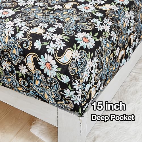 JSD Black Paisley Floral Printed Sheet Set King Size, 4 Piece Soft Pattern Microfiber Sheets Extra Deep Pocket JSD