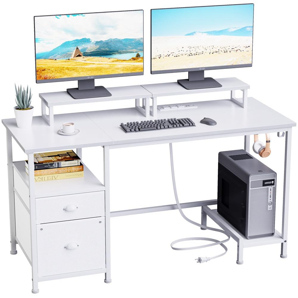 Furologee White Computer Desk with Drawer and Power Outlets, 47" Office Desk with 2 Monitor Stands and Fabric File Cabinet, Writing Gaming Table with Shelves and 2 Hooks for Home Office Furologee