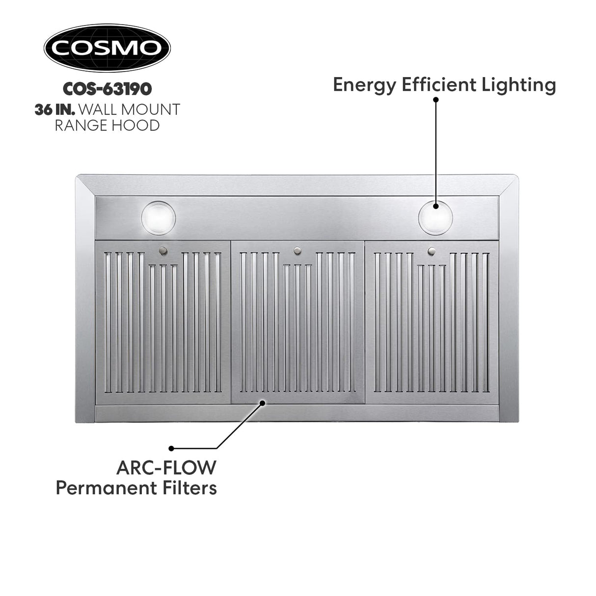 COSMO COS-63190 36 in. Vista Collection 380 CFM Ducted Wall Mount Range Hood, Button Controls, LED Lights, Stainless Steel COSMO