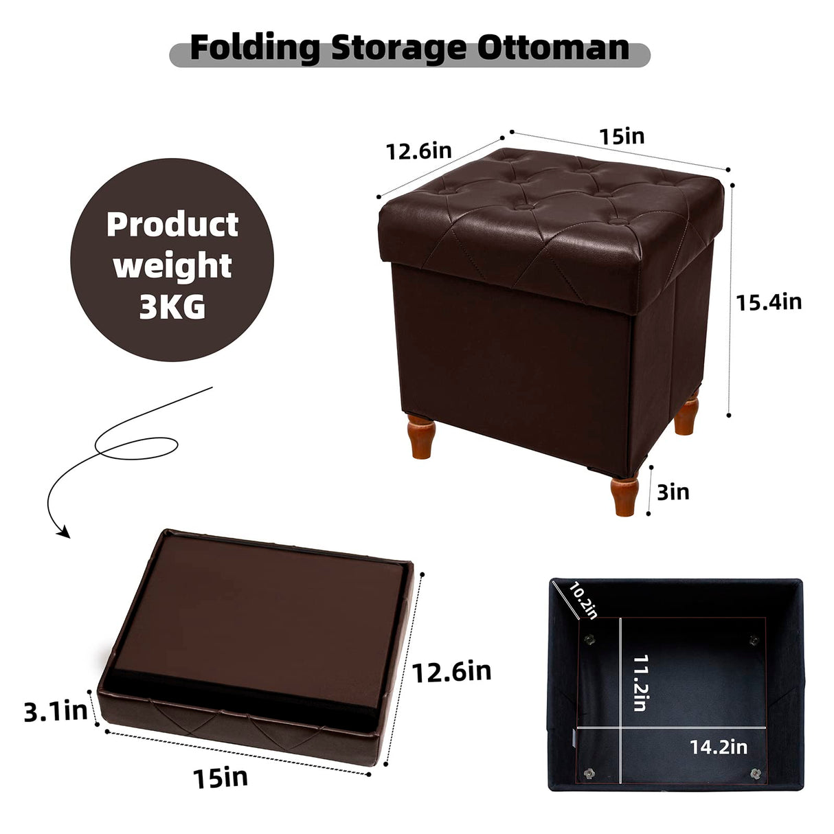 CAROLMADE Folding Storage Ottoman Cube PU Leather Footstool with Wood Legs Ottoman Footrest for Living Room and Bedroom Brown, 15x12.6 x 15.4” CAROLMADE