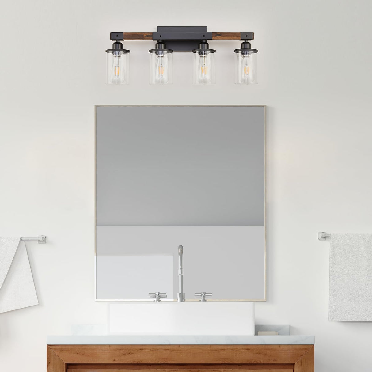 Feohak 4-Light Bathroom Vanity Light, Farmhouse Bathroom Light Fixtures Over Mirror, Rustic Industrial Wood Black Wall Lamp Sconce Light with Clear Glass Shade Feohak