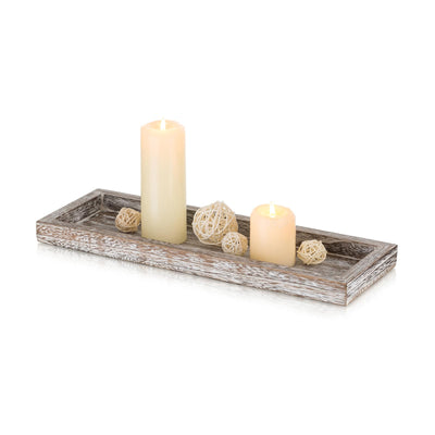Romadedi Rustic Decorative Wood Candle Tray - 15" Wooden Long Narrow Tray Candle Holder, Farmhouse Small Trays for Coffee Table Centerpieces Dining Room Kitchen Countertop Home Decor, Whitewashed