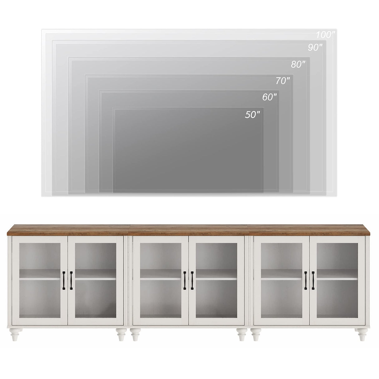 WAMPAT Modern TV Stand for 100 Inch TV, Wood TV Cabinet Entertainment Center for 95/90/85 Inch TV, Large Kitchen Buffet Cabinet with 6 Glass Door for Dining Room & Living Room, White WAMPAT