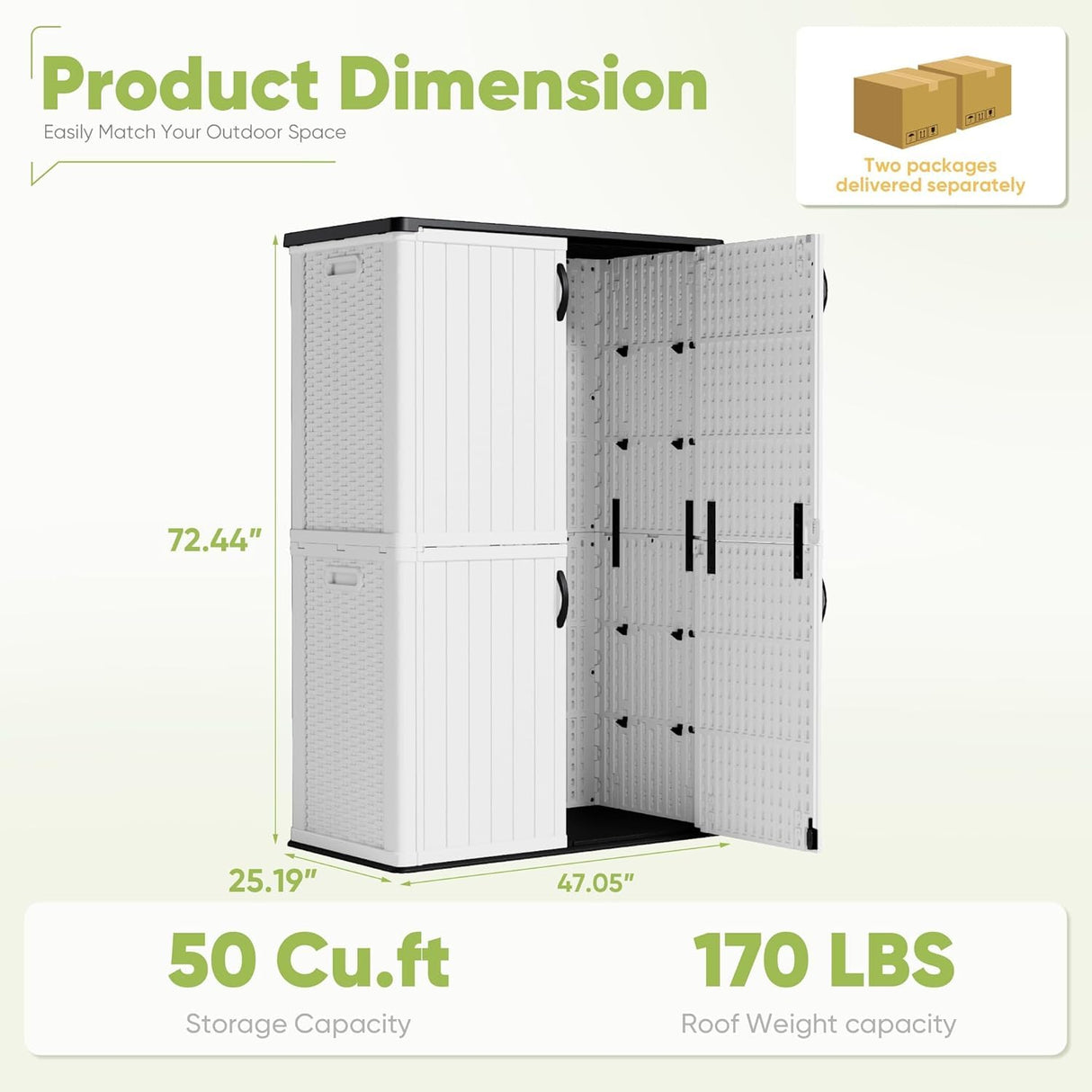 Devoko 50 Cu Ft Outdoor Storage Cabinet - Waterproof Vertical Shed for Patio, Garden & Deck, Heavy-Duty Tool Storage Box for Cushions, Accessories & Equipment, Durable & Weather-Resistant (White) Devoko