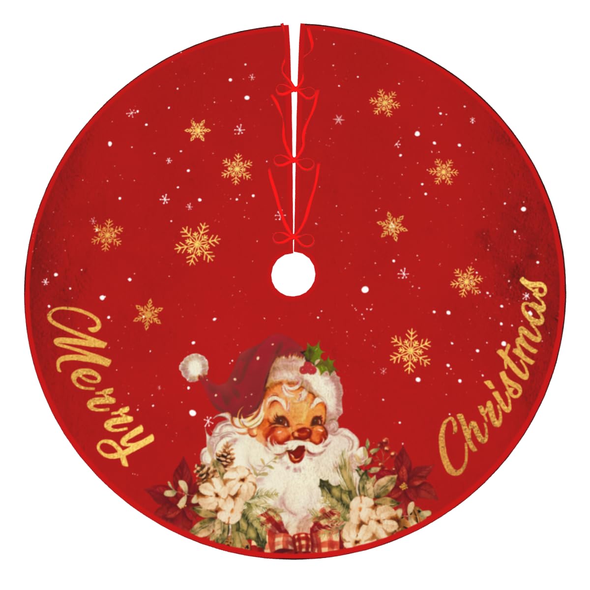 Christmas Tree Skirt Red and Gold Christmas Decorations - Xmas Tree Skirt Mat with Santa Claus Snowflake Pattern for Indoor Outdoor Merry Christmas Holiday Party Decor 48 Inches Rahase