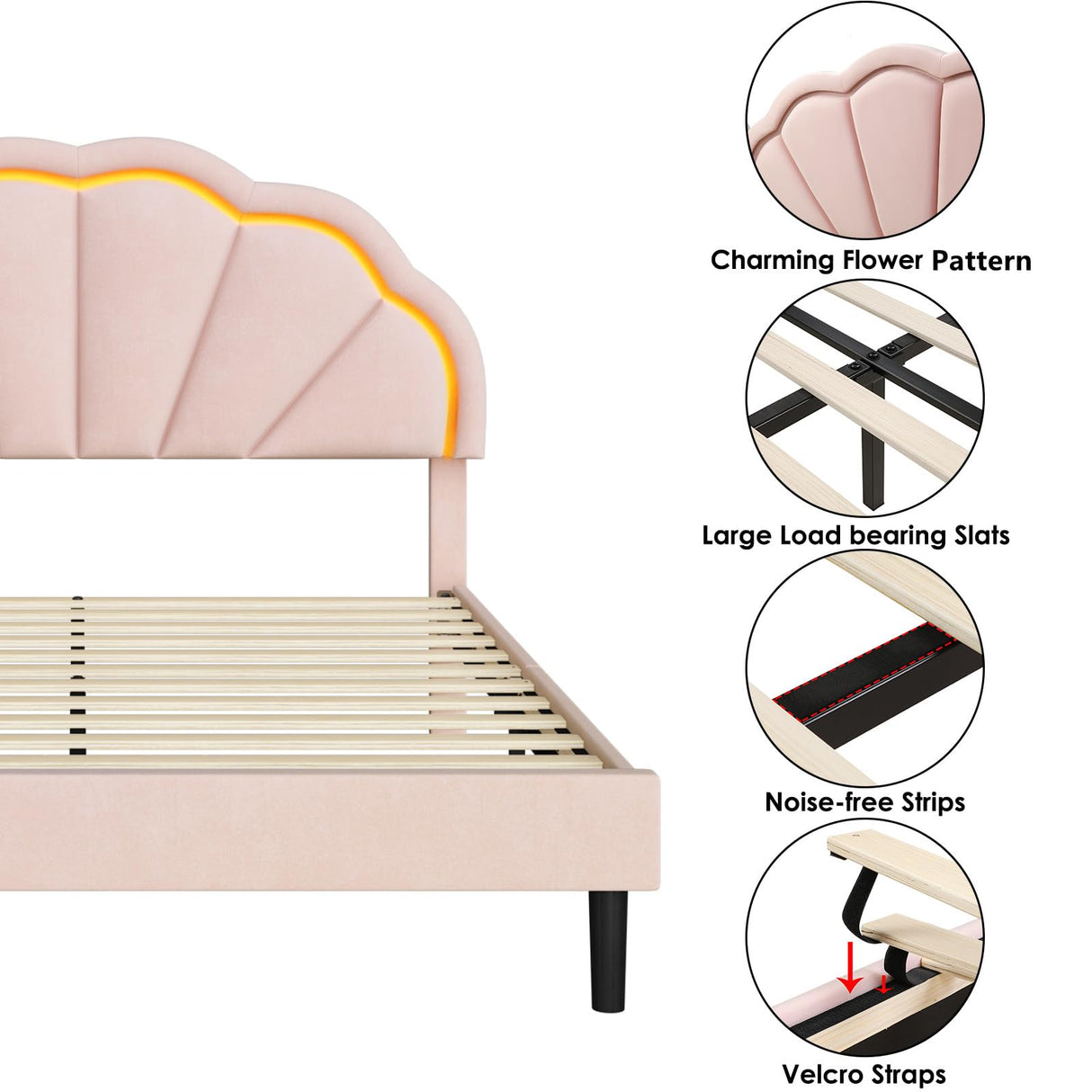 HIFIT Queen Upholstered Smart LED Bed Frame with Adjustable Chic Petal Headboard, Soft Princess Queen Size Platform Bed Frame for Girls, Wooden Slats Support, No Box Spring Needed, Easy Assembly, Pink HIFIT