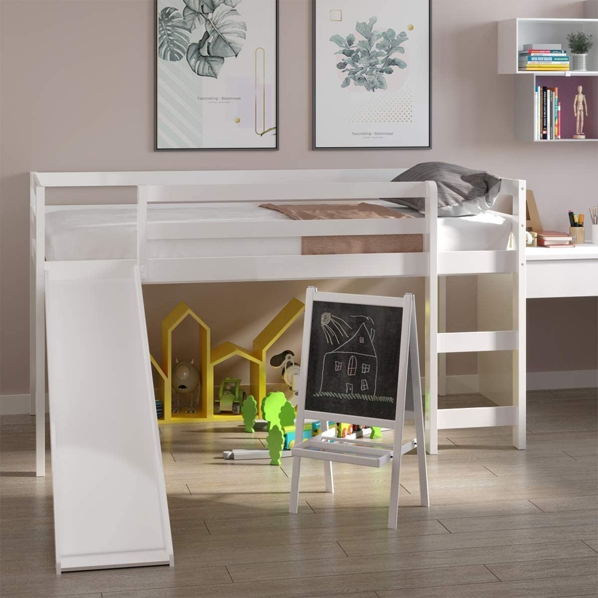 NAFORT Twin Size Loft Bed with Slide & Stairs – Low Loft Bed for Kids, Solid Wood Frame with Guard Rails, Slat Support & Climbing Ladder, Space Saving White Finish NAFORT