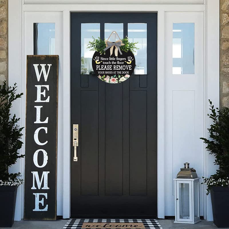 Leave Your Shoes at The Door Since Little Fingers Touch Our Floor Signs Wooden Sign Buffalo Plaid Bow Shoes Close Sign for All Seasons Farmhouse Home Front Porch Door Decor 12" Aowotu
