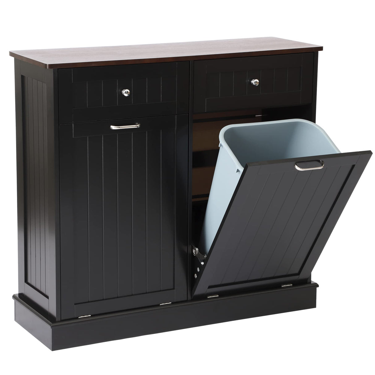 LOUVIXA Tilt Out Trash Can Cabinet Dog Proof with Double Wood Hidden Trash Can Holder, Kitchen Free Standing Recycling Cabinet(Black) LOUVIXA