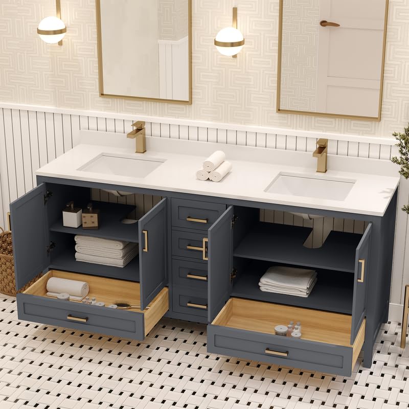 Ayna Decors Rooh 72 in Charcoal Grey Double Sink Bathroom Vanity Set with White Quartz Countertop | 4 Soft Closing Doors | 5 Full Extention Soft Close Drawers | Gold Hardware Ayna Decors