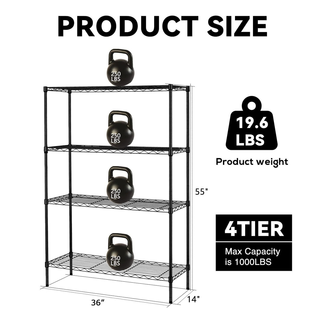 Storage Shelves, 4 shelf Storage Rack Adjustable 36"W x 14"D x 55"H NSF Certified Metal Shelves for Storage 1000Lbs Capacity Wire Shelving Heavy Duty for Kitchen Garage Shop Wire Rack Shelving, Black Dopinmin