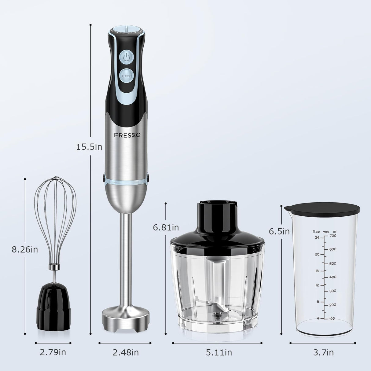 FRESKO Immersion Blender Handheld, 4-in-1 Stainless Steel Hand Stick Blender Electric with 12-Speeds & Turbo Mode, Powerful 500W Emulsion Blender with Beaker, Chopper & Whisk for Smoothies, Soup FRESKO