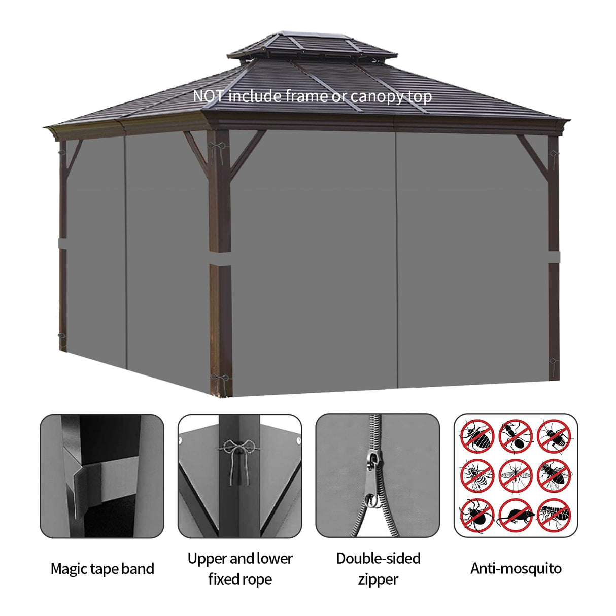 homegroove Gazebo Curtains Outdoor Waterproof 10 * 10ft, Privacy Curtains 4-Panels, Gazebo Replacement Curtain with Zipper for Garden, Patio, Yard (Only Curtains) Gray homegroove