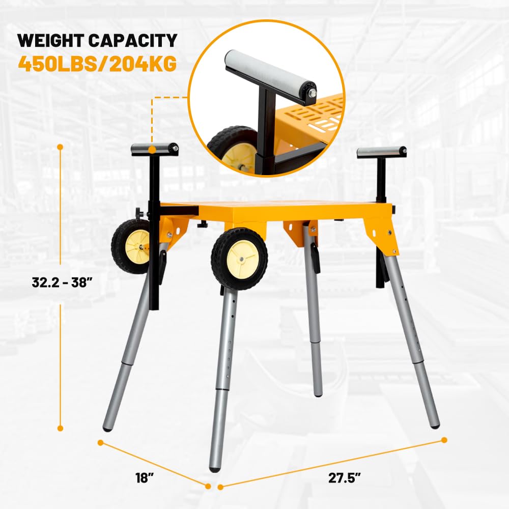 Yeeoy Miter Saw Stand, Heavy Duty Folding Miter Saw Stand with Roller Mounting Bars, Height Adjustable, Collapsible and Portable, Yellow. Yeeoy