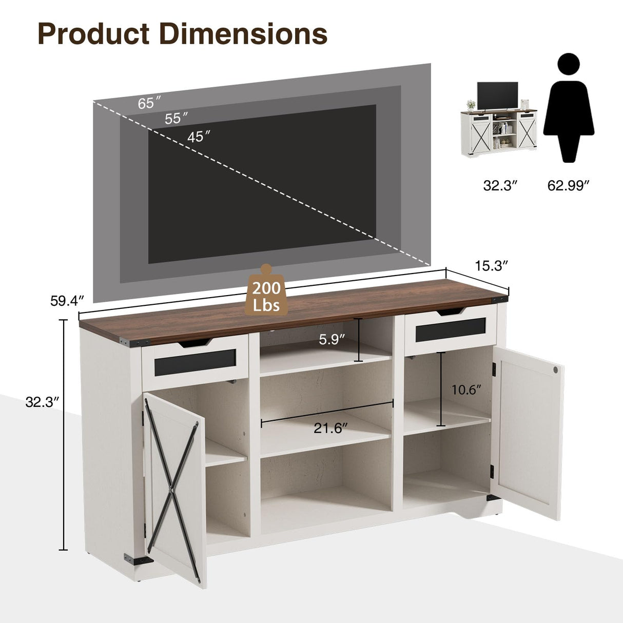 FiveWillowise Tall TV Stand, White Entertainment Center with Storage Cabinets for 65 Inch TV, 60'' Modern Media Console Table with Drawers and Adjustable Shelves, Television Stands for Living Room FiveWillowise
