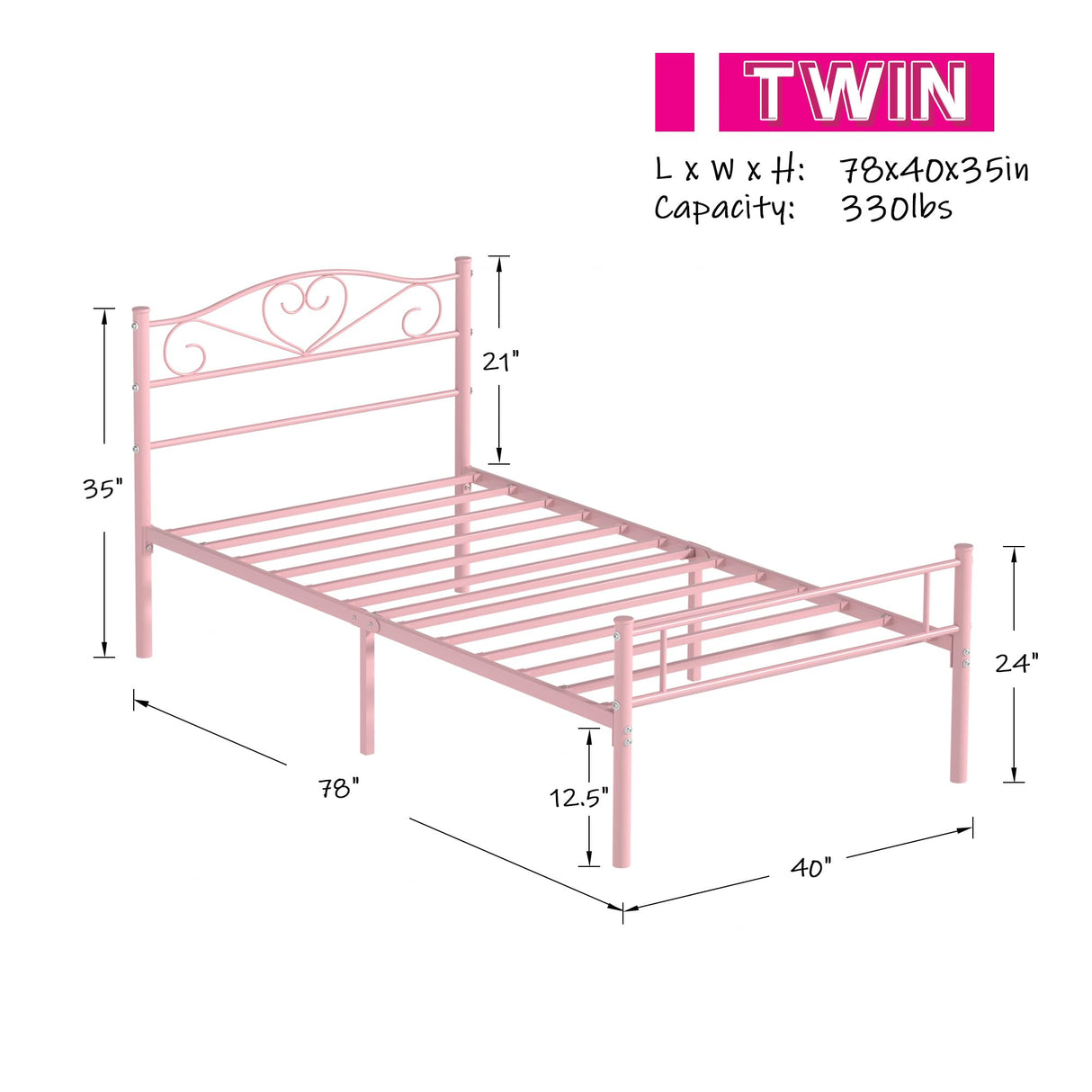 VECELO 14 Inch Twin Size Metal Platform Bed Frame with Headboard and Footboard, Heavy Duty Mattress Foundation with Steel Slats Support, No Box Spring Needed, Pink VECELO
