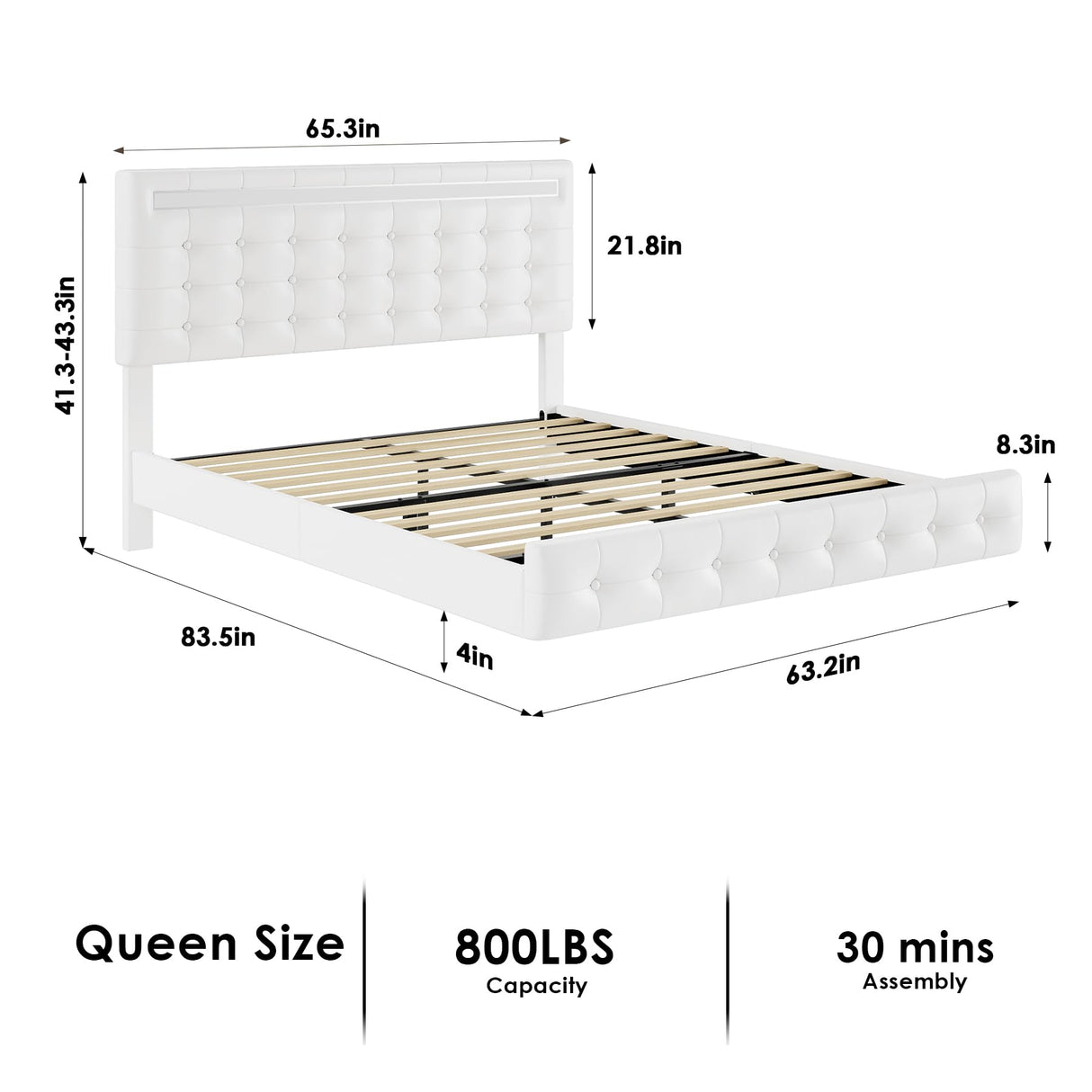 Keyluv Queen Floating Bed Frame with LED Lights and Upholstered Leather Headboard in White Keyluv