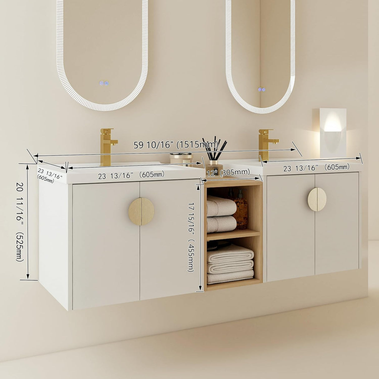 Goderfuu 60" Bathroom Vanity with Double Sink, Floating Bathroom Vanity with Ceramic Basin, White Wall Mounted Bathroom Vanity Cabinet, 60 inch Bathroom Vanities with 4 Doors and Open Storage Shelves Goderfuu