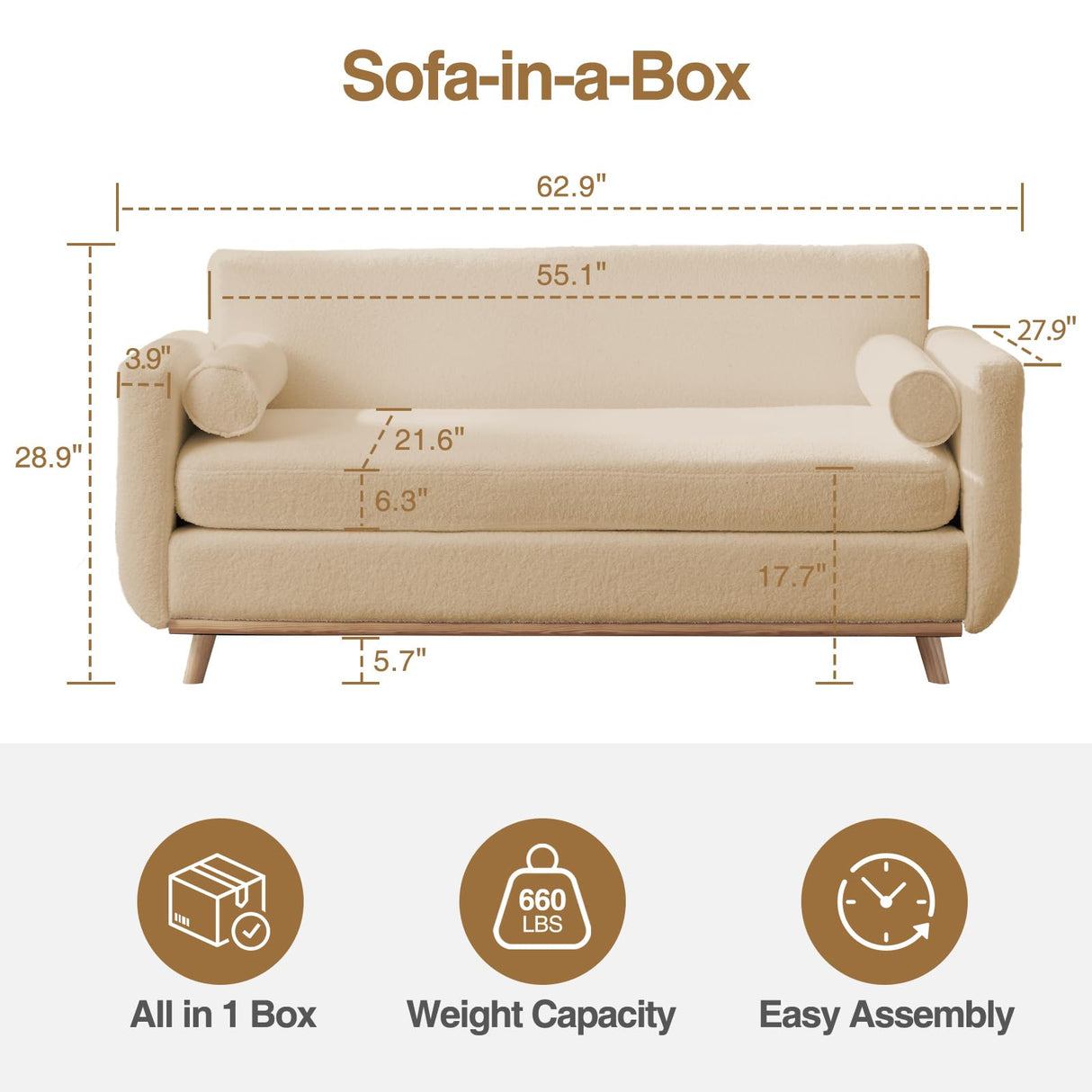 63" W Loveseat Sofa,Beige Boucle Couch with LED Lights and USB Ports Modern Fluffy Love Seat Couches 2 Seater Comfy All-Wood Washable Covers Sofa Furniture for Bedroom Living Room Small Space Office FiveWillowise
