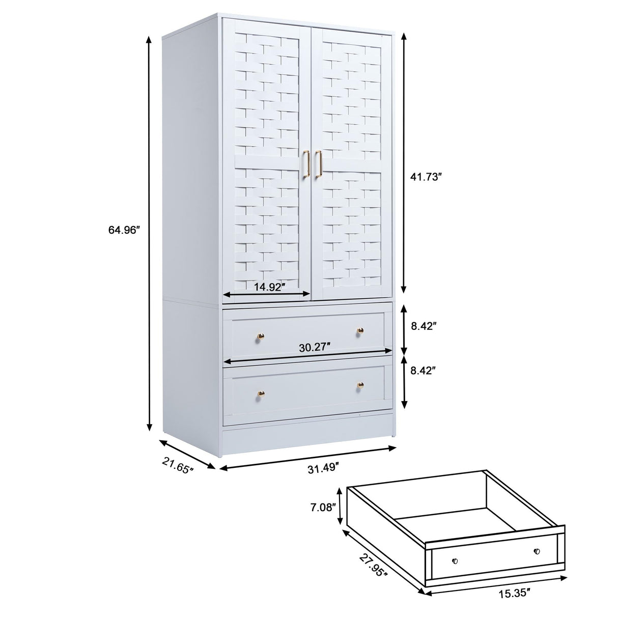 LEVNARY Armoire Wardrobe Closet with 2 Woven Doors, Wardrobe Cabinet with 2 Storage Drawers and Hanging Rail, Freestanding Wooden Closet for Bedroom (White) LEVNARY