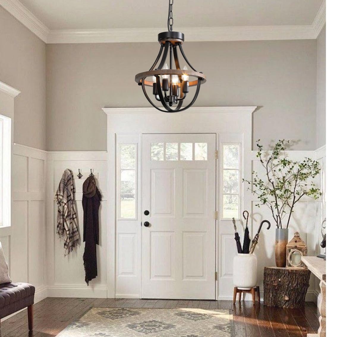 Threebro Chandeliers,Farmhouse Ceiling Chandelier Wood Black Modern Rustic Hanging Pendant Light Fixture with Chain for Dining Room Living Room Entryway Kitchen Island Bedroom Foyer Lighting(4-Light) Threebro