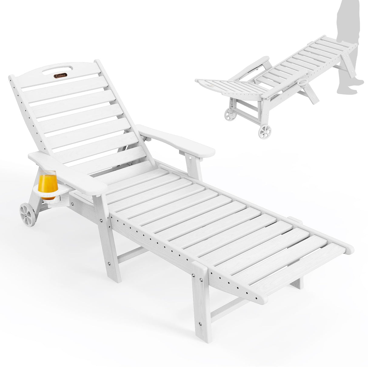 Lounge Chair Outdoor, Oversized Chaise Lounge Chair with 5 Positions, HDPE, Patio Lounge Chair with Wheels & Cup Holder for Pool, Deck, Poolside, White Ciokea