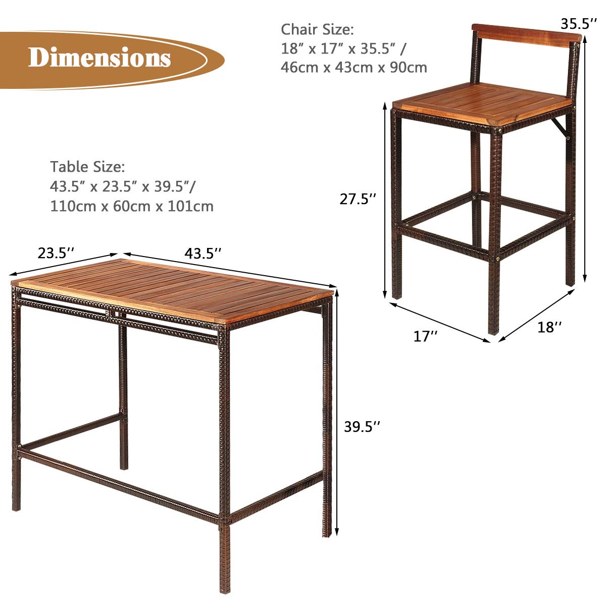 Tangkula 3 Pieces Patio Bar Table Set, Outdoor Rattan Bistro Set with Acacia Wood Top, Wood Table Set with 2 Bar Chairs for Dining Room, Backyard, Patio and Balcony Tangkula