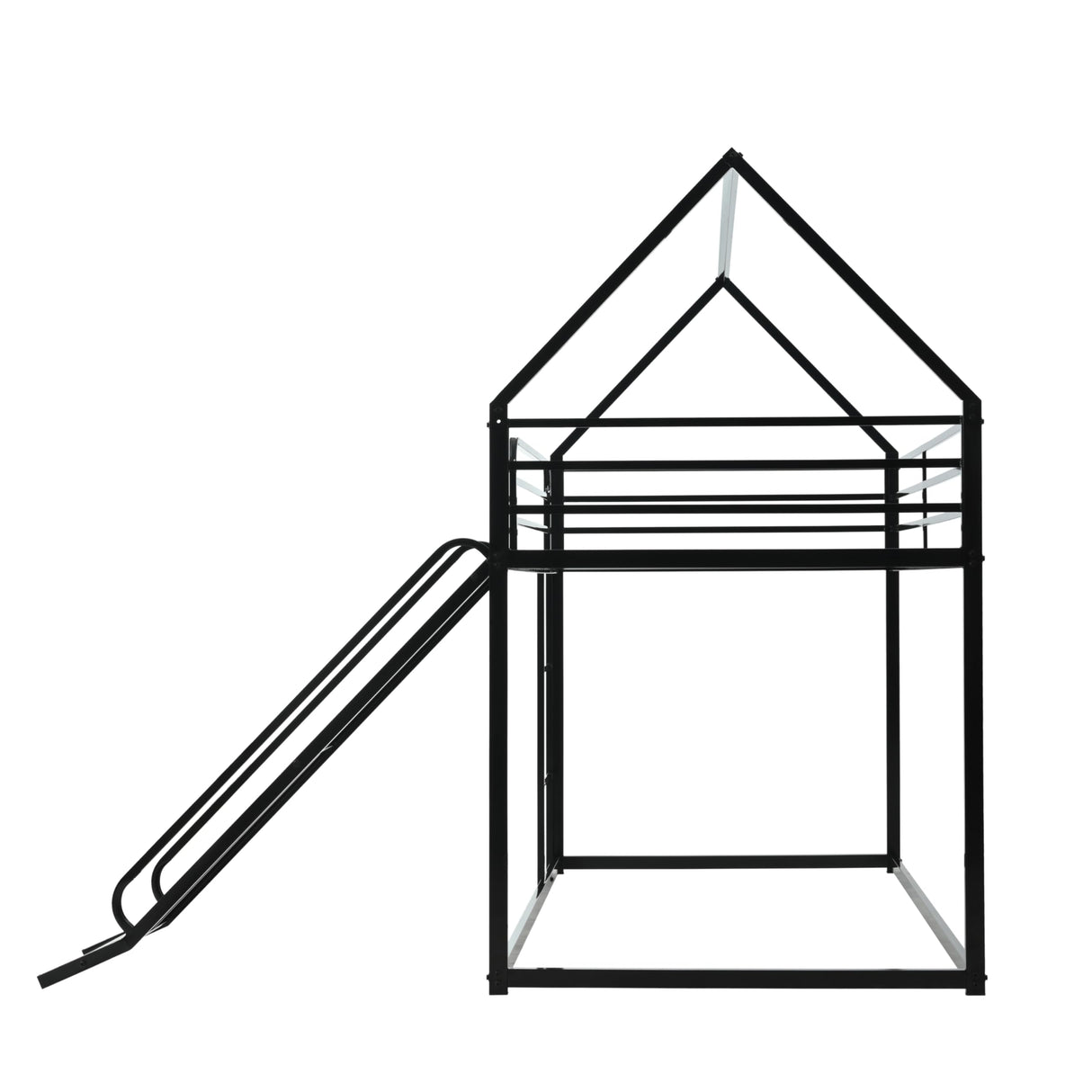 EMKK Twin Over Twin Bunk Bed with Slide and Ladder, Junior House Low Bunk Bed Metal Bunkbeds w/Safety Guardrail for Girls, Boys, Floor Bunk Bed, No Box Spring Needed, Easy to Assemble EMKK