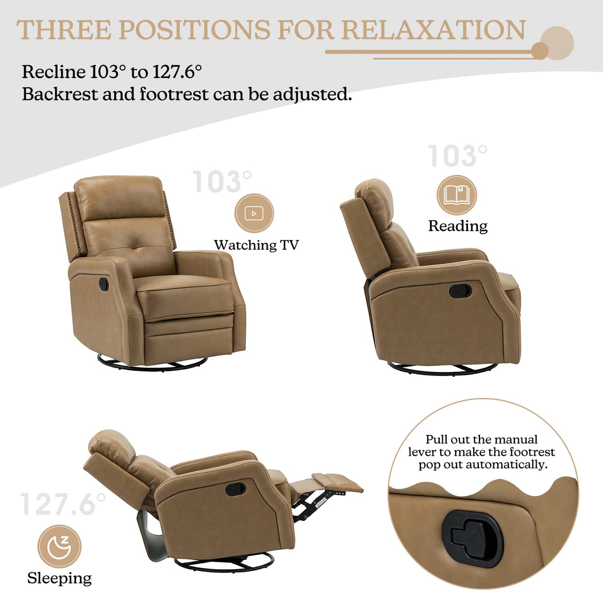 HULALA HOME Genuine Leather Swivel Rocker Recliners Set of 2 with Adjustable Backrest & Footrest, Manual Glider Recliners with 360° Swivel Base, Home Theater Sofa Chairs for Living Room, Taupe HULALA HOME