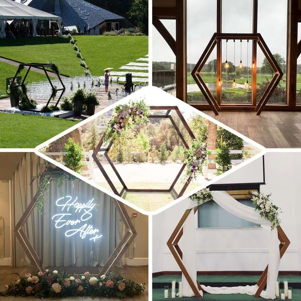 Tableclothsfactory 7FT Rustic Elegant Hexagonal Wooden Backdrop Stand | Heavy Duty Dark Brown Double Sided Wedding Arch Stand Tableclothsfactory