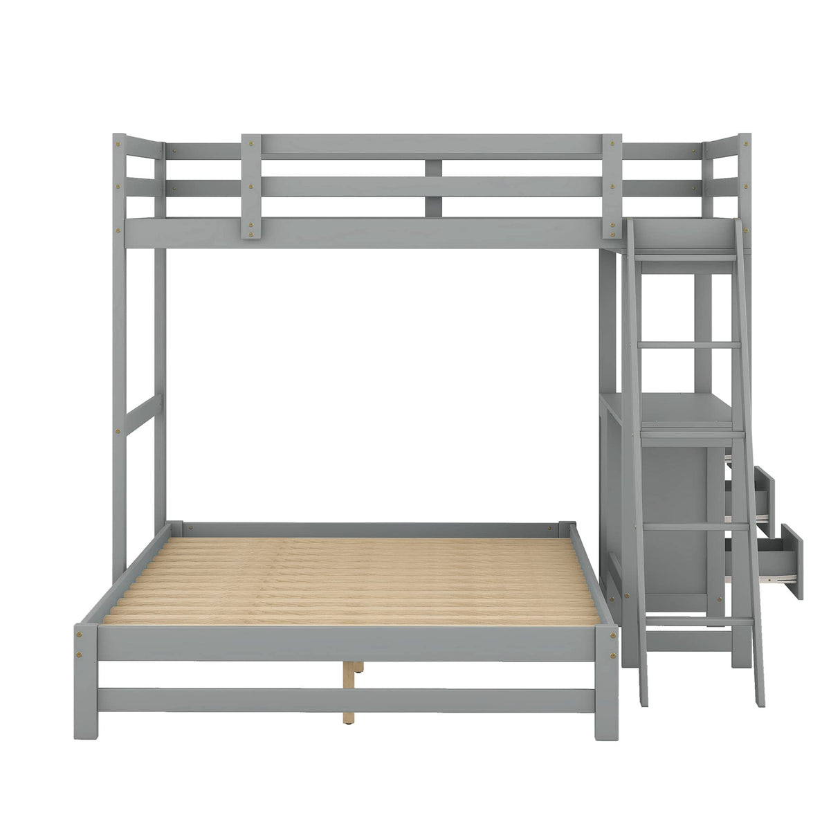 Merax Twin Over Full Bunk Bed with Ladder & Guardrails, Solid Wood Bunk Beds Frame with Built-in Desk and 3 Drawers, Split into Twin Size Loft Bed & Full Size Platform Bed, No Box Spring Needed, Gray Merax