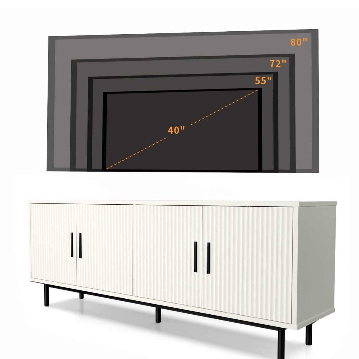 MUUEGM 70" Fluted TV Stand for TVs up to 80 Inches, Entertainment Center with Storage, Adjustable Shelf, Modern TV Console for Living Room and Bedroom, 70" W x 15.75" D x 25" H, White MUUEGM