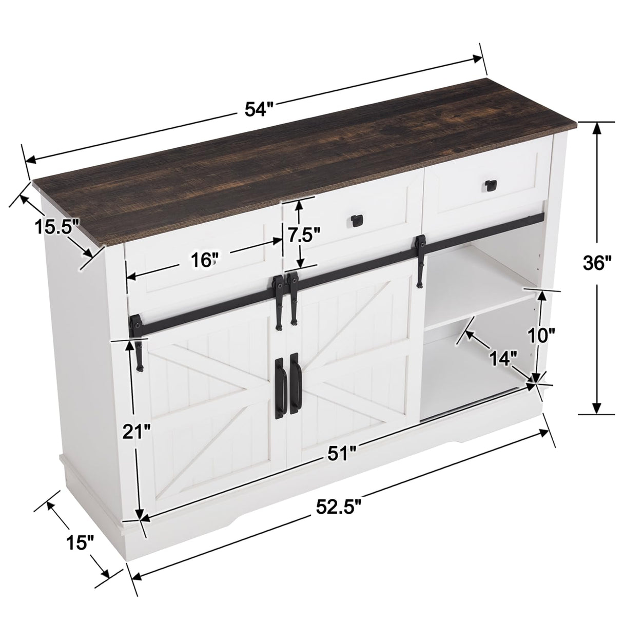 Kmax Farmhouse Wine Bar Cabinet w, 54” Buffet Cabinet with Storage, Rustic White Coffee Bar Cabinet with Sliding Barn Doors, Wine/Glass Rack & 3 Drawers for Living, Dining Room, Black Top Kmax