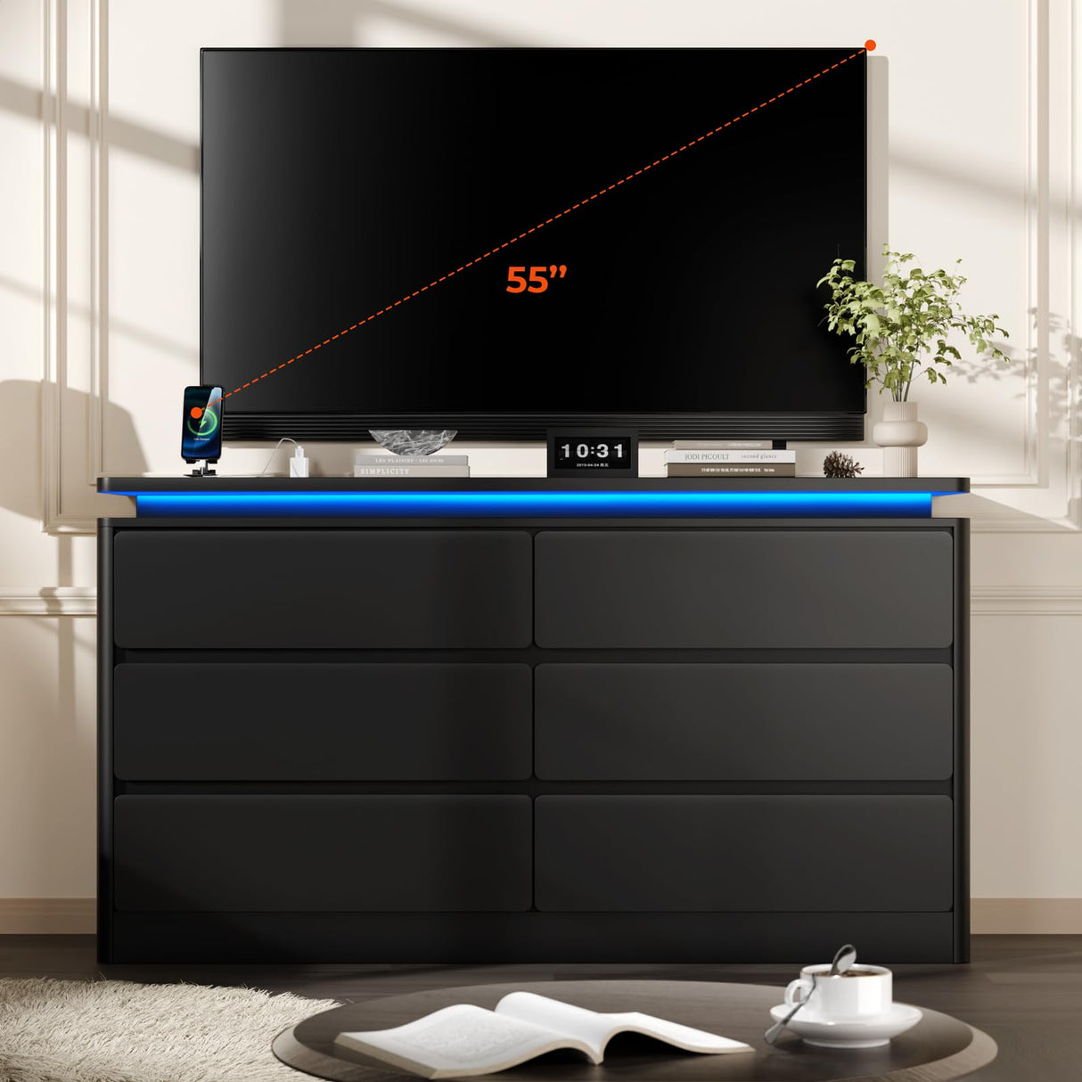 Upgraded 6 Drawer Black Dresser for Bedroom, 47.2" Long Chest of Drawers with Charging Station & LED Lights, Wooden Storage Cabinet Dresser for Closet,Modern TV Stand with Deep Drawers Loomie