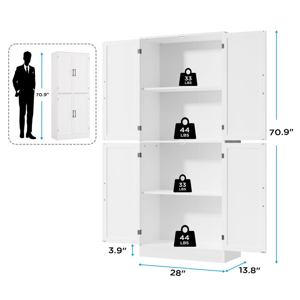 MHOM 71" Farmhouse Pantry Cabinet, Tall Storage Cabinet with 4 Doors and Adjustable Shelves, Freestanding Pantry for Dining Room, Kitchen, and Living Room, White MHOM