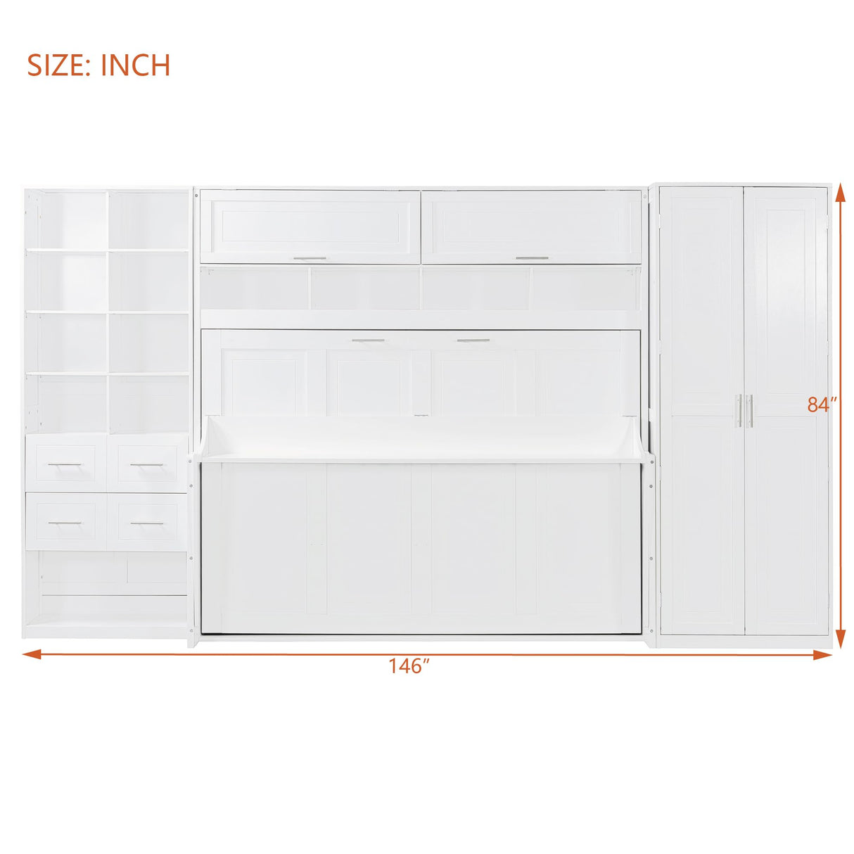 SOFTSEA Full Size Murphy Bed with Desk, Horizontal Murphy Bed with Storage Wardrobe Drawers and Shelves, Hidden Wall Bedframe for Guest Room, Bedroom, Office, White SOFTSEA