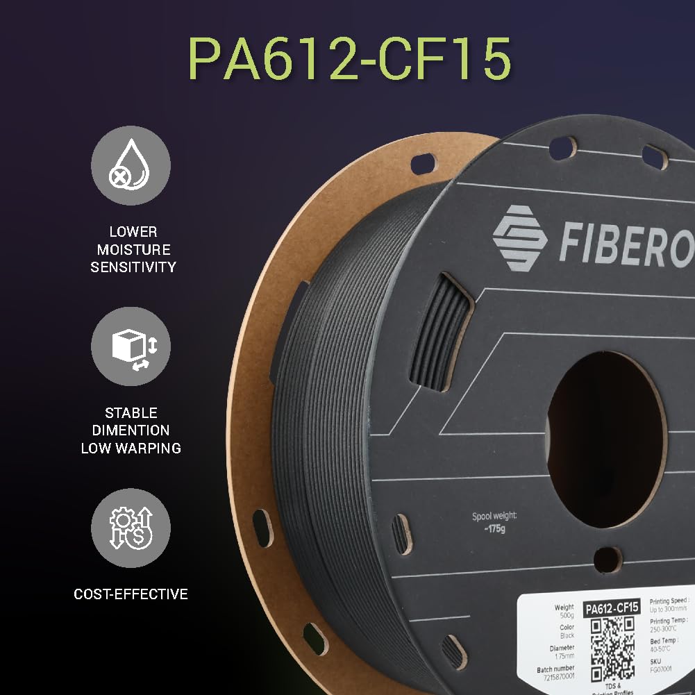 Polymaker Fiberon PA612-CF Carbon Fiber Nylon Filament 1.75mm Black 0.5kg, Fiberon PA612-CF Strong & Low Moisture Sensitive Nylon 1.75mm 3D Printing Filament POLYMAKER