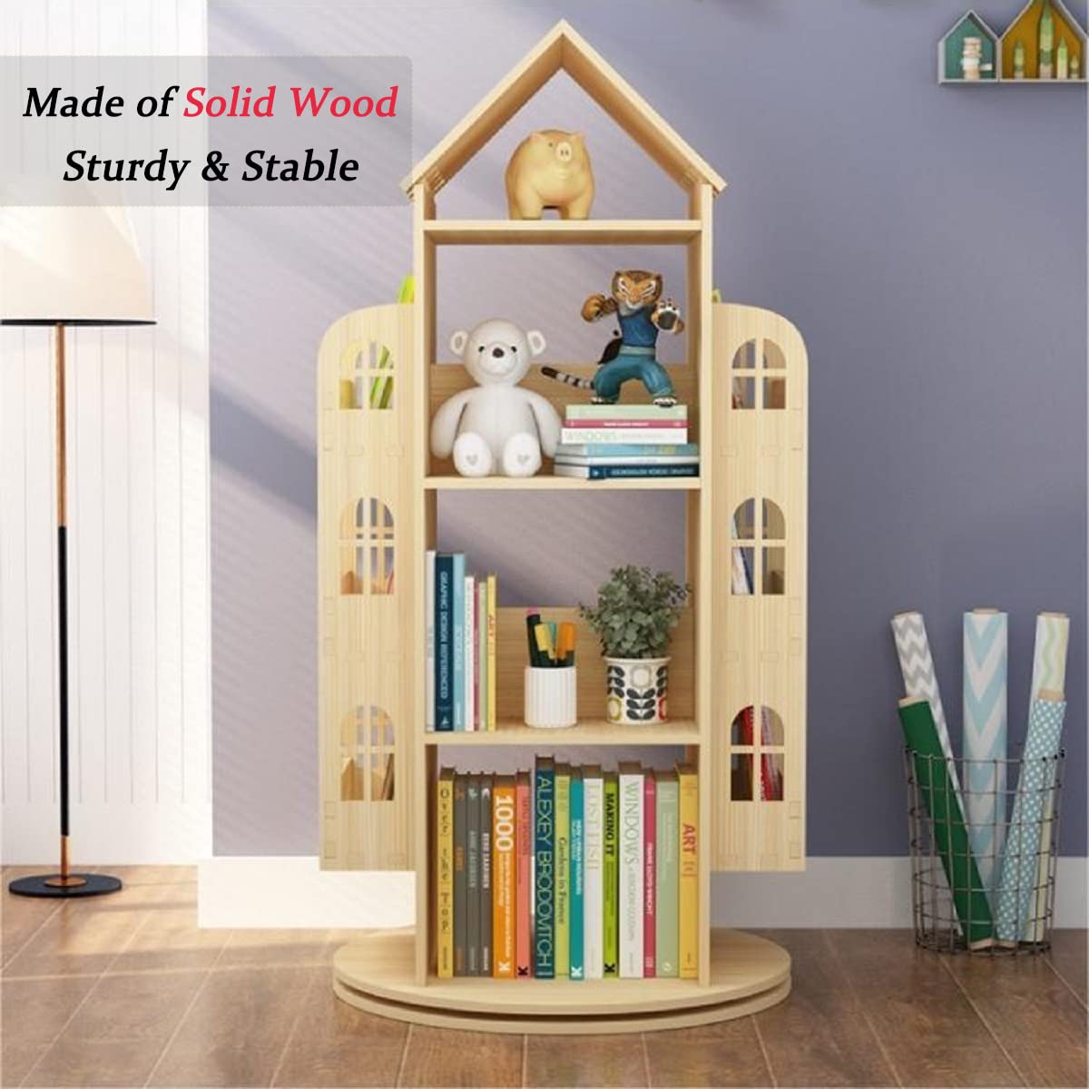 Gdrasuya10 360° Rotating Castle Bookshelf for Kids – Floor Standing Wood Bookcase Gdrasuya10