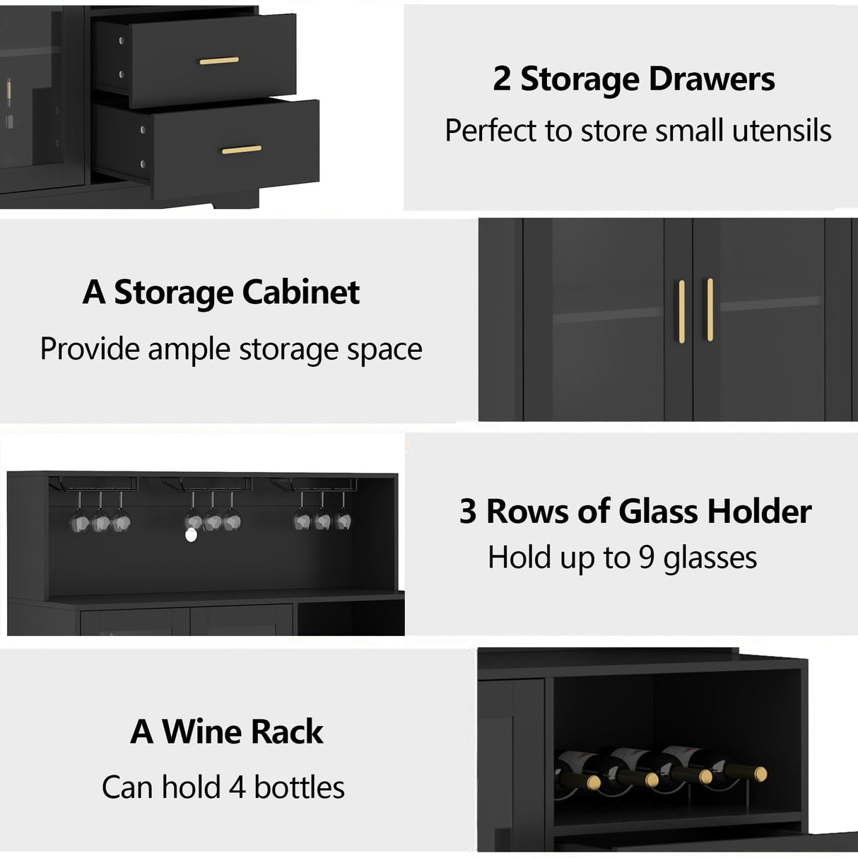 Auromie Wine Bar Cabinet with LED Light, Home Coffee Cabinet with Wine and Glass Rack, Kitchen Buffet Sideboard with Storage Cabinet&Drawers, Modern Liquor Cabinet for Living Room Dining Room (Black) Auromie