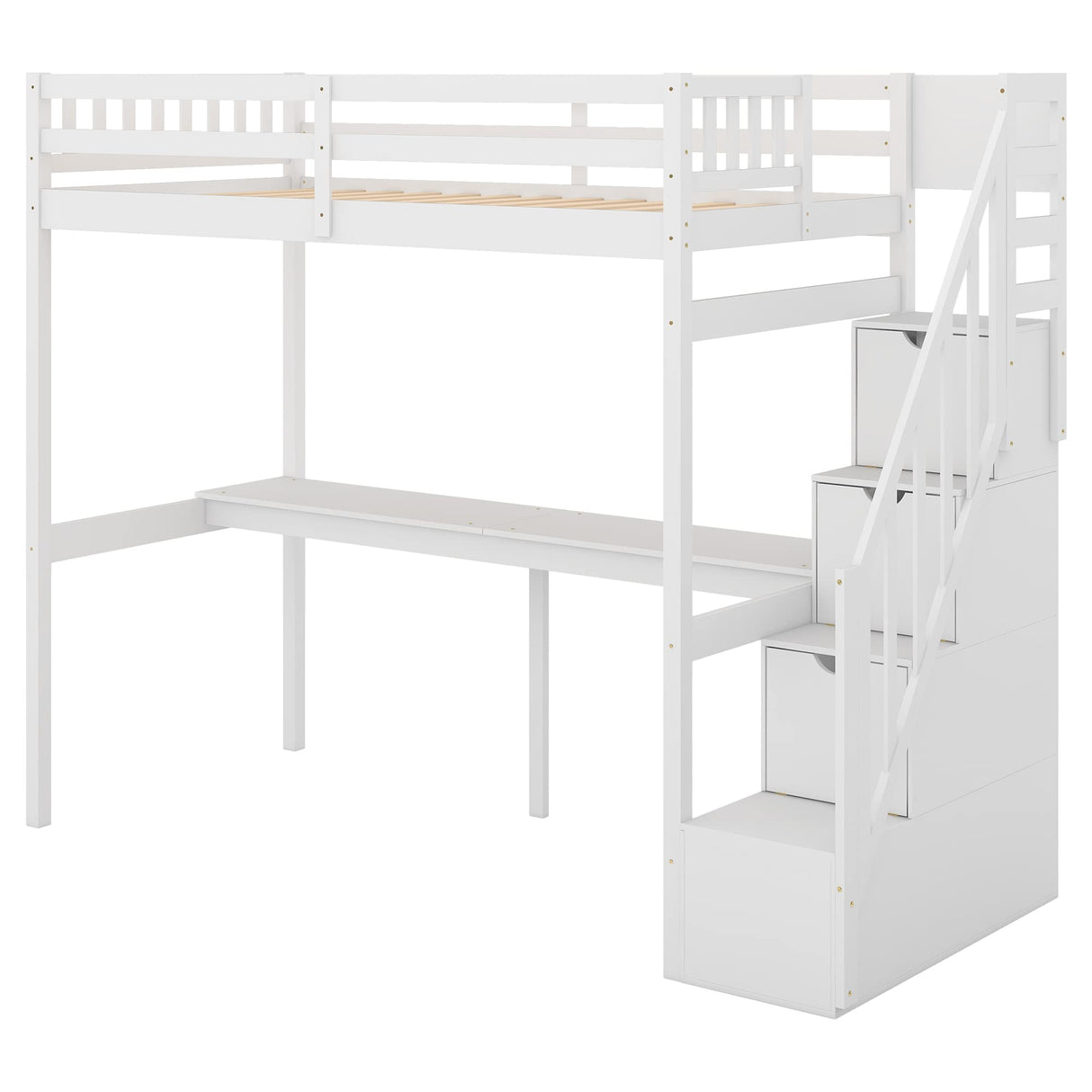 SOFTSEA Twin Loft Bed with Integrated Desk and Storage Stairs in White SOFTSEA
