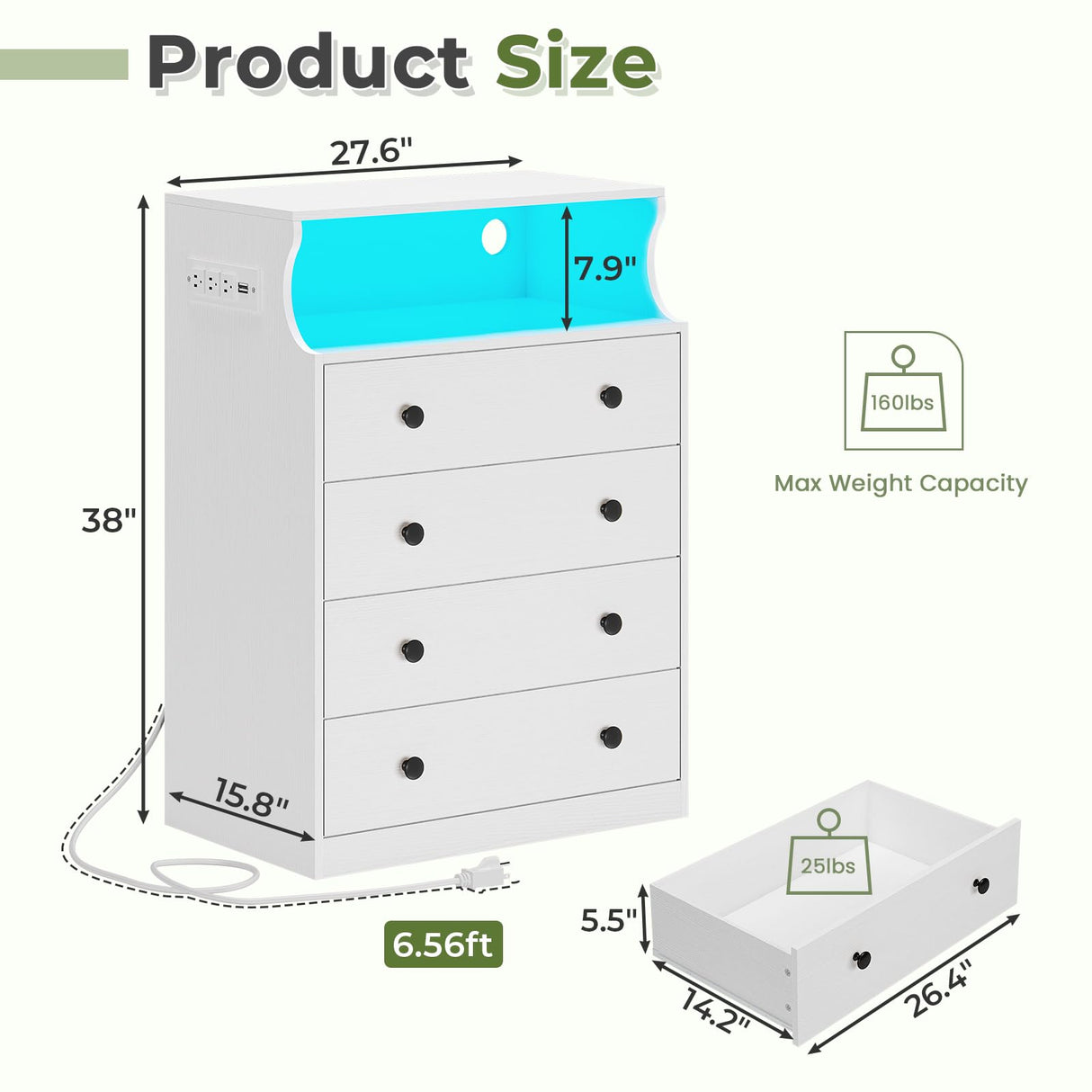 Hasuit White Dresser with Charging Station, LED Dresser with 4 Large Drawers, Chest of Drawers with Open Space, Large Capacity Tall Storage Cabinet, White Dresser for Bedroom Hasuit