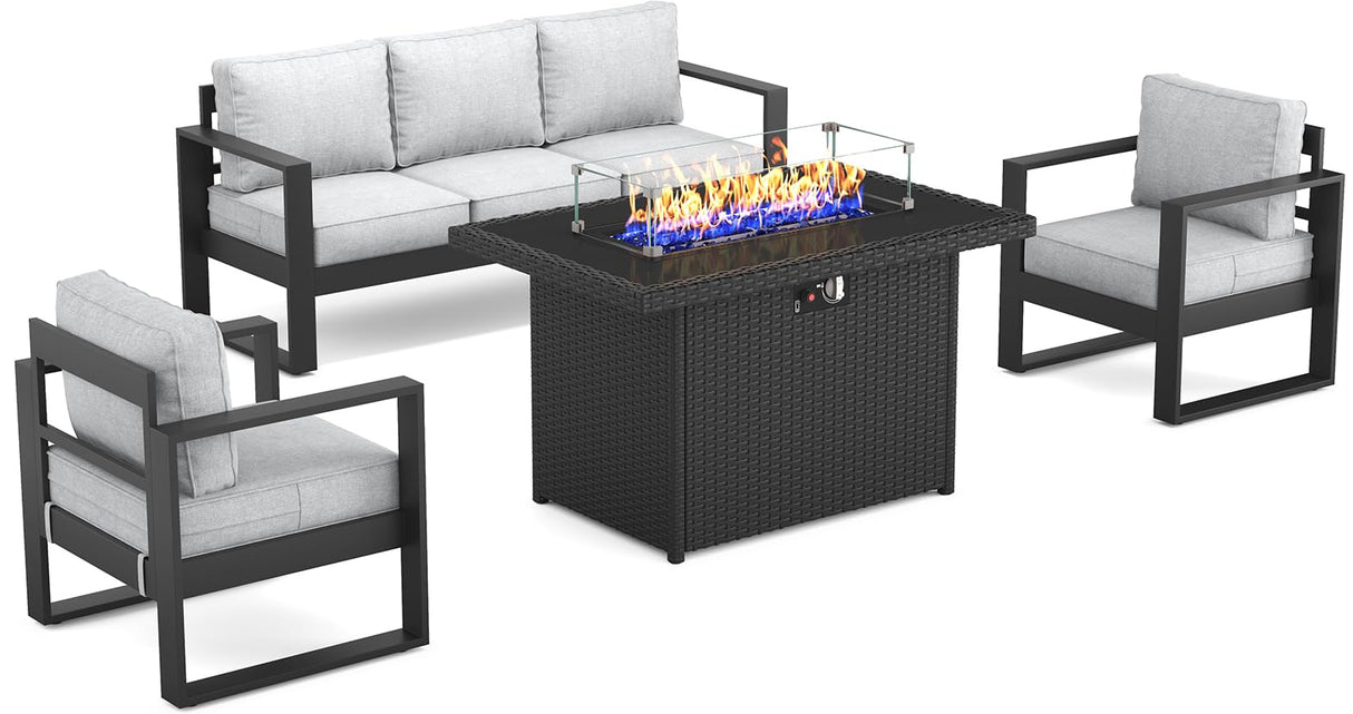 Vakollia Outdoor Aluminum Furniture Set with Fire Pit Table - 4 Pieces Modern Patio Conversation Sets Metal Sectional Sofa Set Vakollia