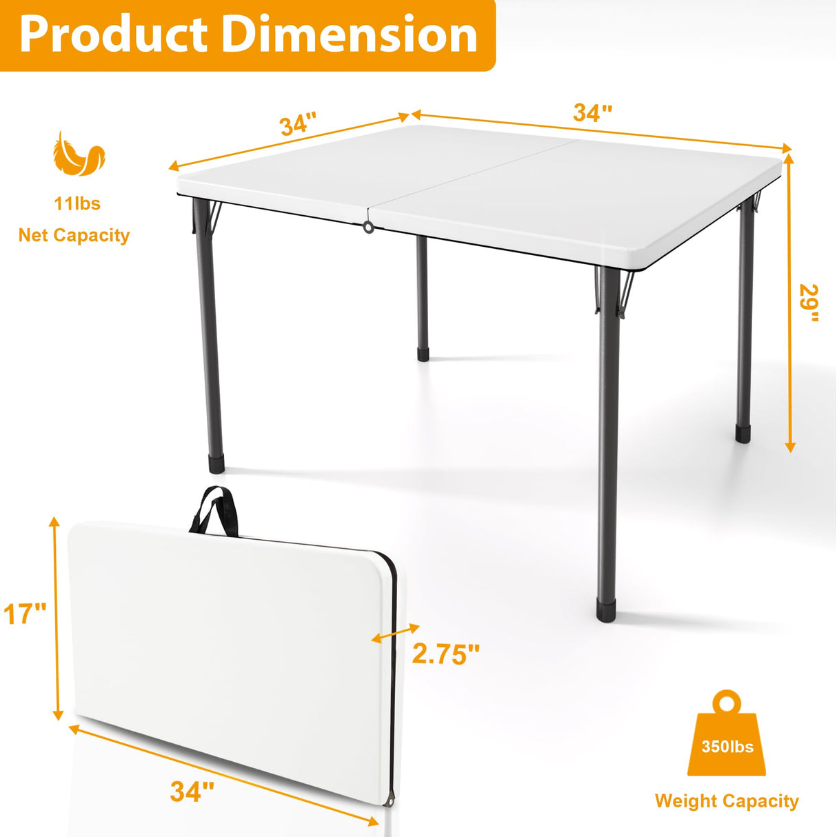 Kasunpul 34" Folding Table, Portable Square Folding Card Table with Collapsible Legs & Carrying Handle, Plastic Tables for Camping,Picnic, Office, Party, White Kasunpul