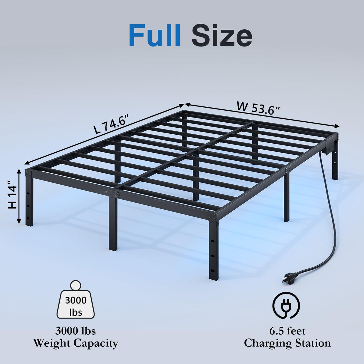 HAVONIZD Full Size Bed Frame with LED Lights & Charging Station - 14 Inch Heavy Duty Metal Platform Bed Frame No Box Spring Needed, Easy Assembly, No Noise HAVONIZD