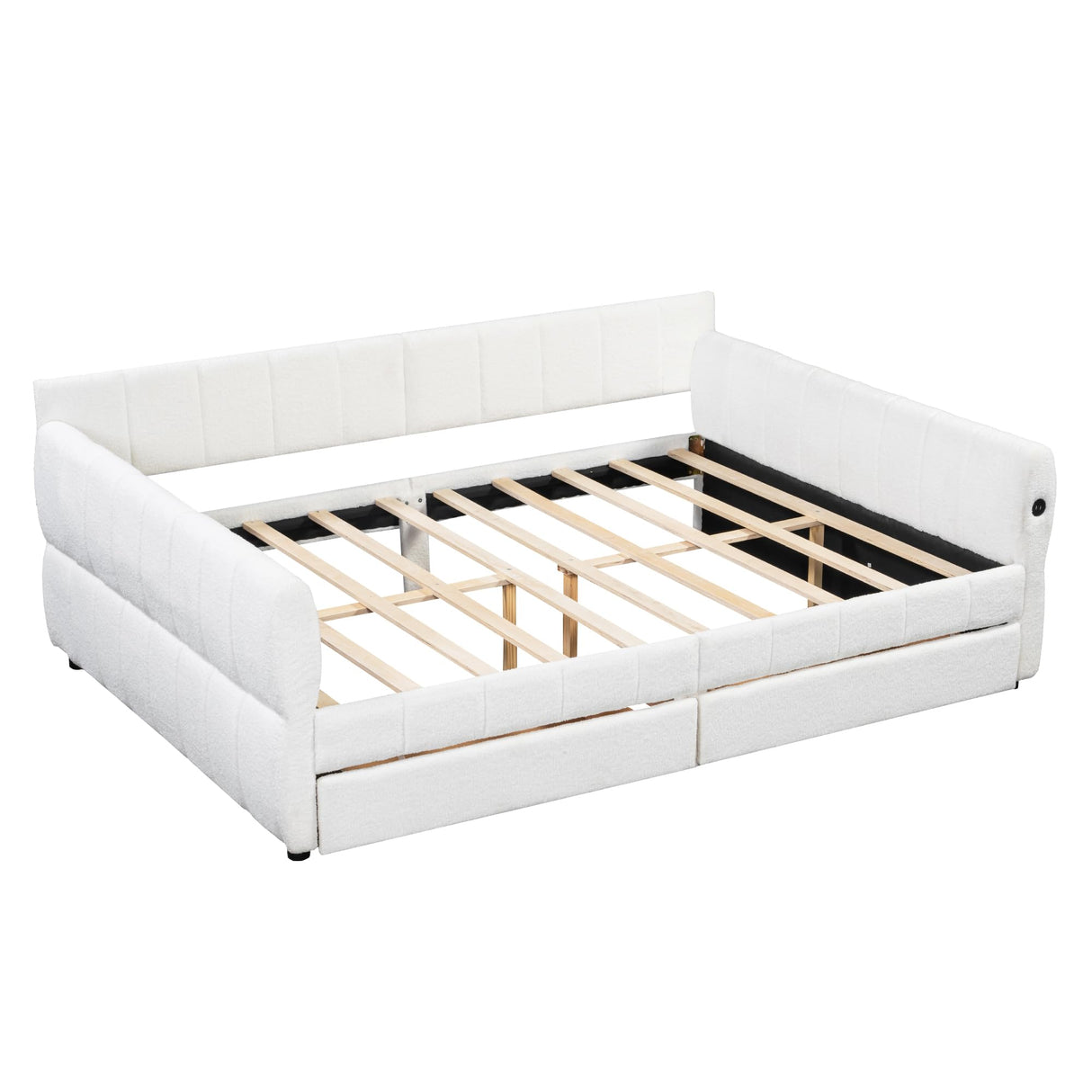 KALALLA Upholstered Queen Size Daybed Frame with Drawers and USB Port, Day Bed with Underneath Storage, Wooden Slats Support, No Box Spring Required, Adults Kids, White KALALLA